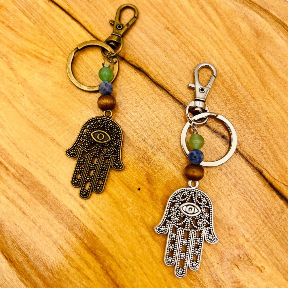 Handmade Hamsa and Natural Stone Keychain Unisex Gold Silver Beaded Detachable
